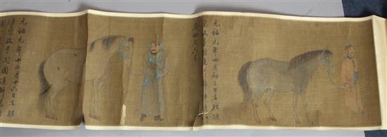 A Chinese hand scroll painting on silk of five of the horses of Mu Wang, image 28 x 263cm